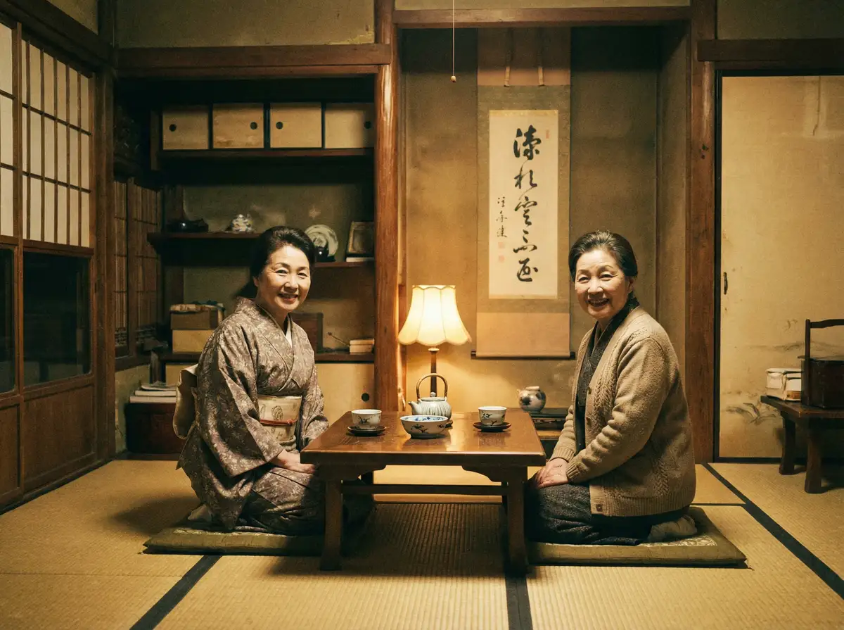 两位优雅的 17c 在日式茶室中品茶交谈